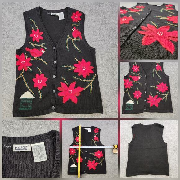 Capacity Sweater Vest Womens Petite Large Floral Embroidered Birds Knit Cardigan - Picture 1 of 10
